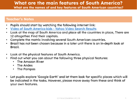 What are the names of and key features of South American countries? - Teacher notes