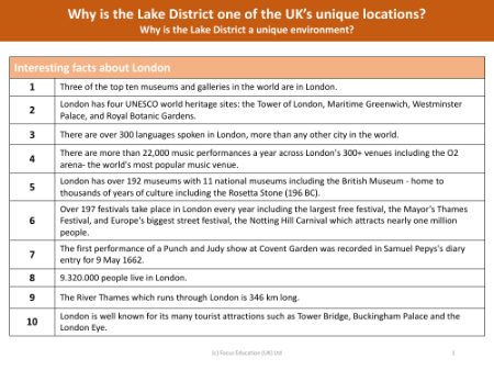10 Intresting facts about London - Fact Sheet - Year 3