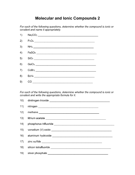 Molecular and Ionic Compounds - Worksheet with Answers 2