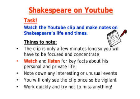 Searching for Shakespeare - Lesson 3 - Shakespeare On YouTube Worksheet