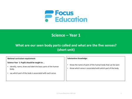 National Curriculum objectives  - Body Parts - Year 1