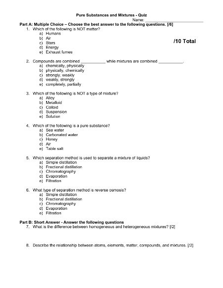 Pure Substances and Mixtures - Quiz