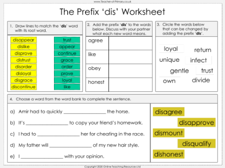 The Prefix 'dis' - Worksheet