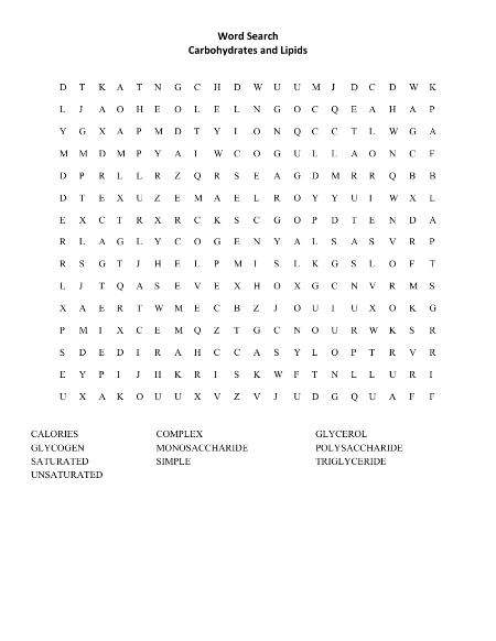 Carbohydrates and Lipids - Word Search