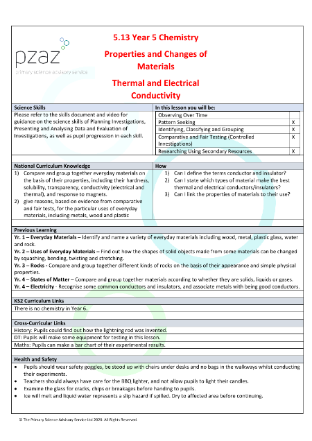 Thermal and Electrical Conductivity - Lesson Plan