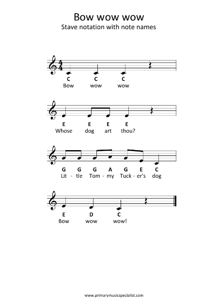 Instrumental Year 4 Stave Notation Sheets - Bow wow wow stave notation note names