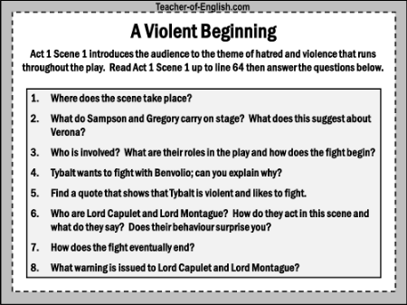 Romeo & Juliet Lesson 7: Love and Hate - A Violent Beginning Worksheet