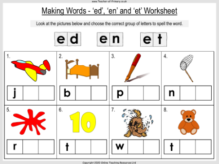 Making Words - 'ed', 'en' and 'et' - Worksheet