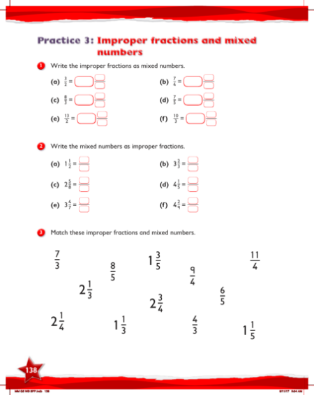 Work Book, Improper fractions and mixed numbers