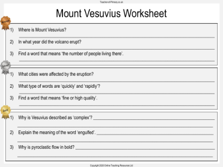 Volcanoes - Unit 1 - Mount Vesuvius Questions Worksheet