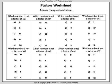 Factors Activities - Worksheet