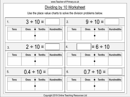 Dividing One and Two Digit Numbers by Ten - Worksheet