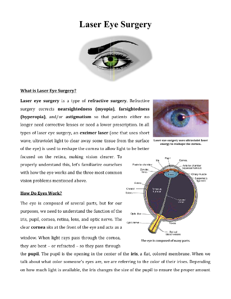 Laser Eye Surgery - Reading with Comprehension Questions