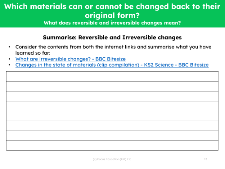 Summarise reversible and irreversible changes - Worksheet