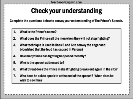 Romeo & Juliet Lesson 9: The Prince's Speech - Check Your Understanding Worksheet