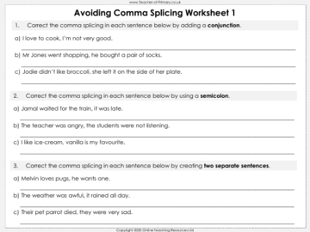 Avoiding Comma Splicing - Worksheet