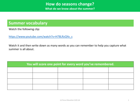 Summer Vocabulary - Worksheet - Year 1