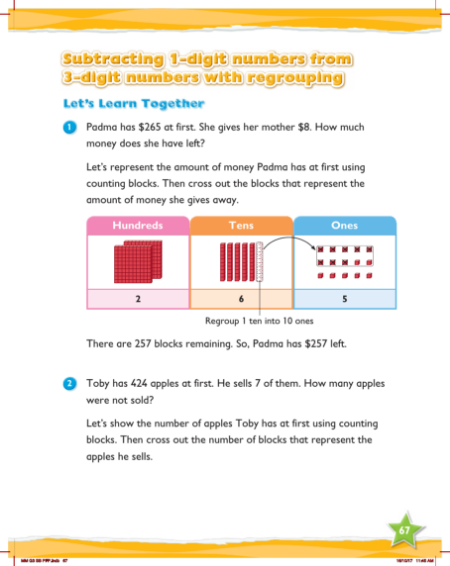Learn together, Subtracting 1-digit numbers from 3-digit numbers with regrouping