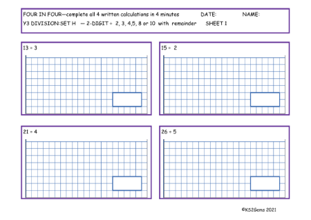 Division Set H 2 digit number 2, 3, 4, 5, 8 or 10 with remainder