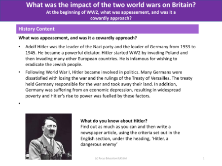 At the begining of WW2, what was appeasement and was it a cowardly approach? - Info Pack - Year 6