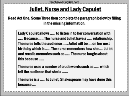 Romeo & Juliet Lesson 12: Juliet, Nurse and Lady Capulet - Worksheet