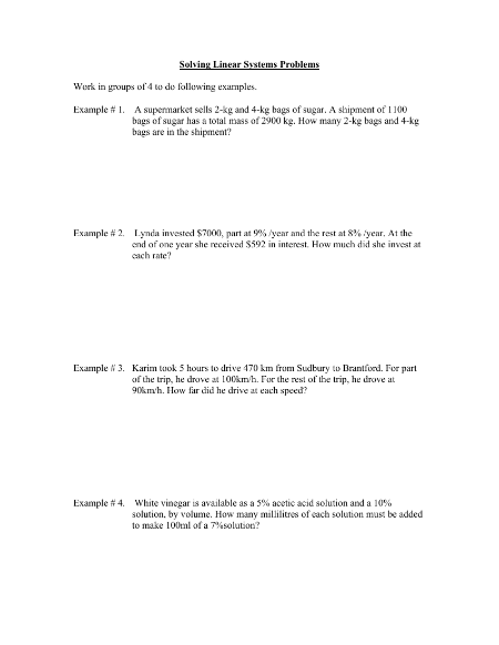 Solving Problems using Linear Systems Worksheet Answers