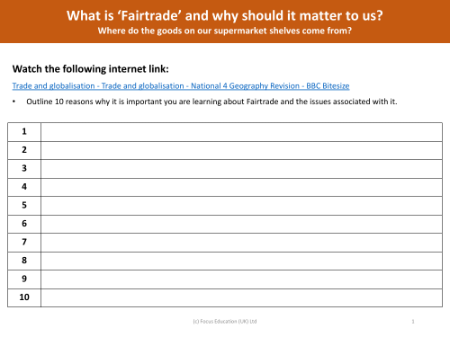 10 reasons why Fairtrade is important - Worksheet