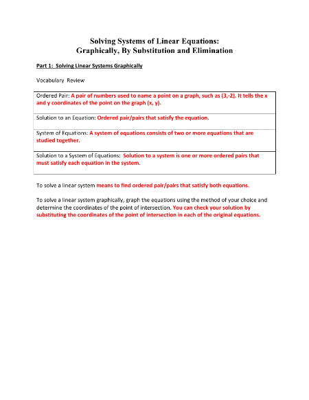 Solving Linear Systems by Graphing, Substitution and Elimination Worksheet with Answers