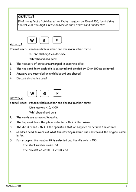 Dividing two-digit numbers by 10 and 100 worksheet