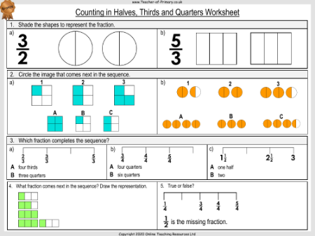 Counting in Halves, Thirds and Quarters  - Worksheet