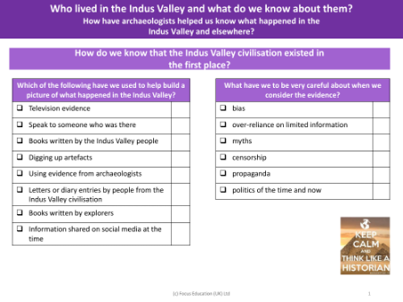 How do we that the Indus Valley civilisation existed in the first place? - Worksheet - Year 4