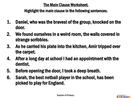 Autobiography - Lesson 4 - Main Clause Worksheet