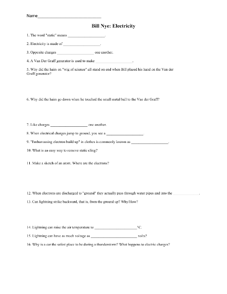 Bill Nye - Static Electricity Worksheet with Answers