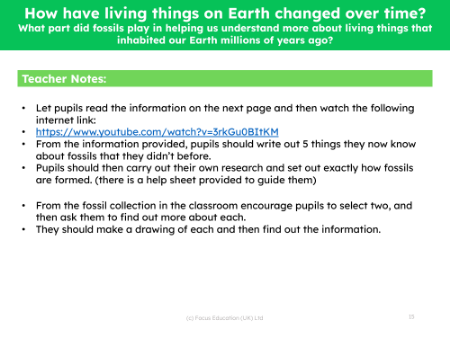 What part did fossils play in helping us understand more about living things that inhabited our Earth millions of years ago? - teacher's notes