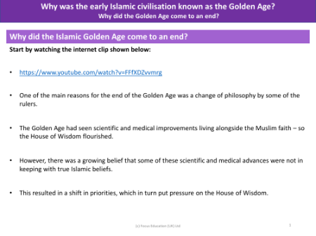 Why did the Islamic Golden Age come to an end? - Info Pack - Year 5