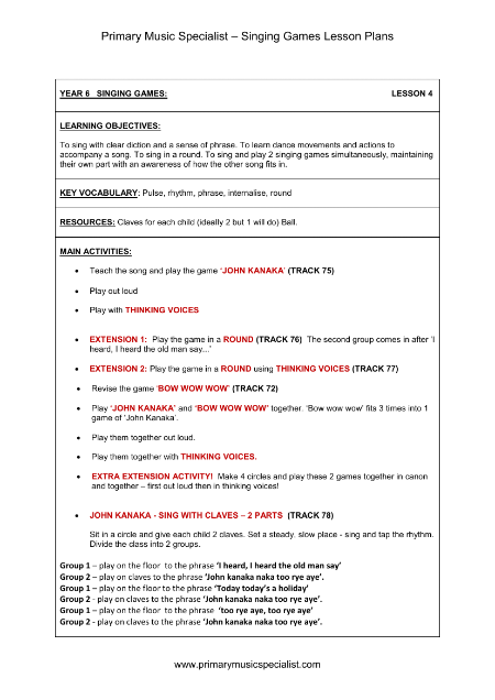 Singing Games Lesson Plan - Year 6 Lesson 4