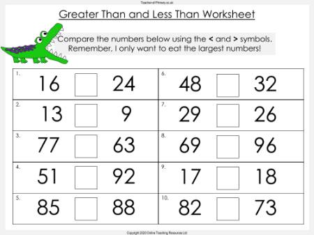 Greater Than and Less Than - Worksheet
