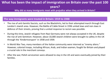The way immigrants were treated in Britain: 1919 to 1948 - Info sheet