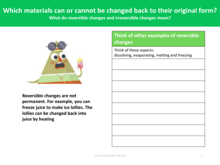 Examples of reversible changes - Worksheet