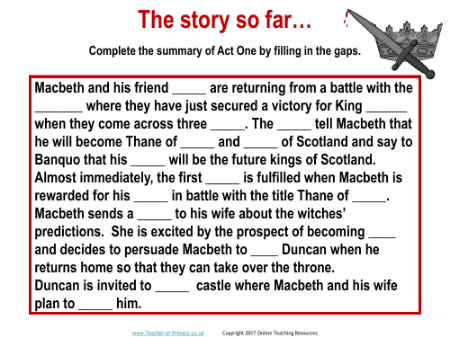 Macbeth - Lesson 9 - The story so far Worksheet