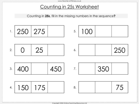 Counting in 25s to 500 - Worksheet