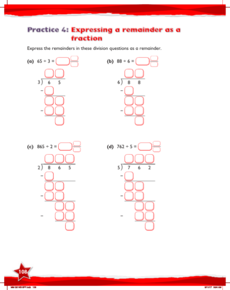 Max Maths, Year 5, Work Book, Expressing a remainder as a fraction