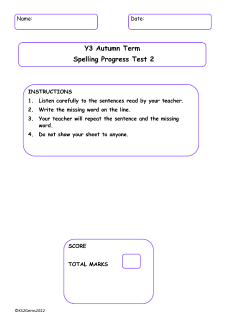 Autumn Term Spelling Progress Test 2