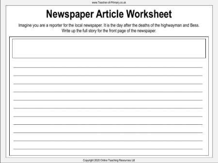 The Highwayman - Lesson 10 - Newspaper Article Worksheet