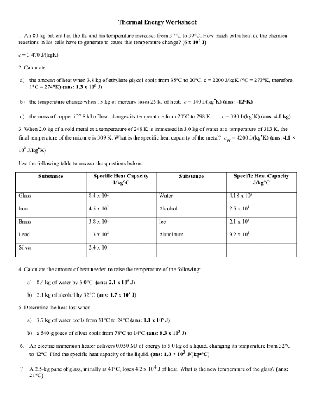 Thermal Energy, Temperature and Heat - Thermal Energy Worksheet