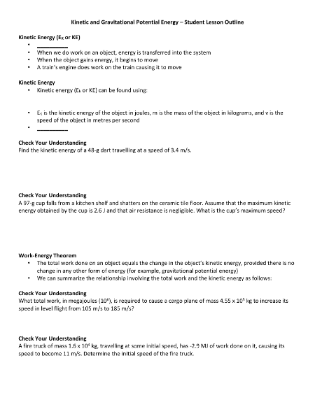 Relationship Between Kinetic Energy, Mass, and Speed - Student Lesson  Outline