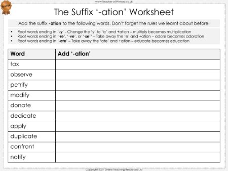 The Suffix '-ation' - Worksheet