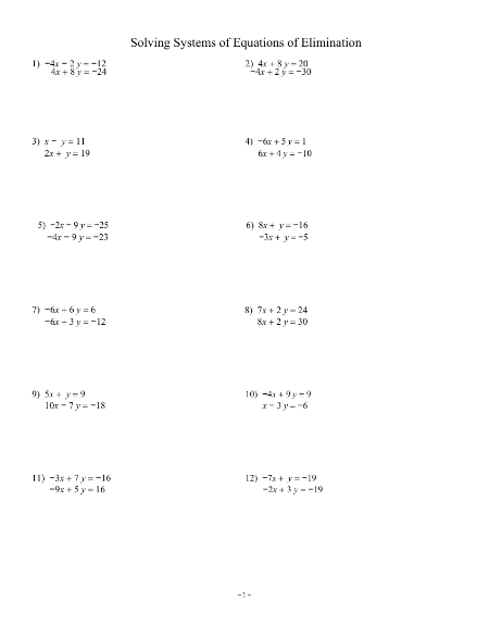 Solving Systems of Equations by Elimination Worksheet