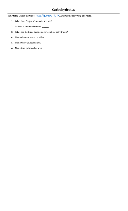 Carbohydrates Video Worksheet