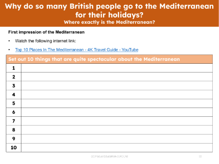 10 spectacular things about the Mediterranean - Note sheet